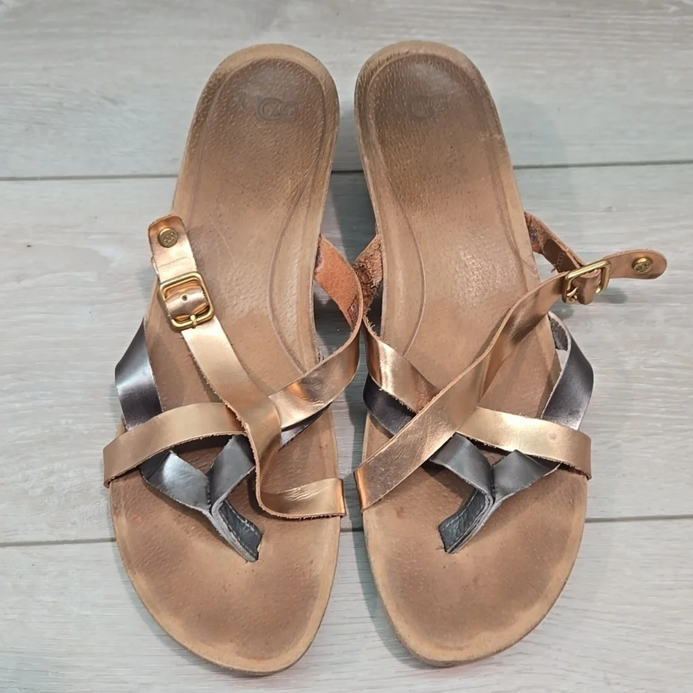 UGG Australia Metallic Leather Strappy Wedge Sandals Shoes Sz 10